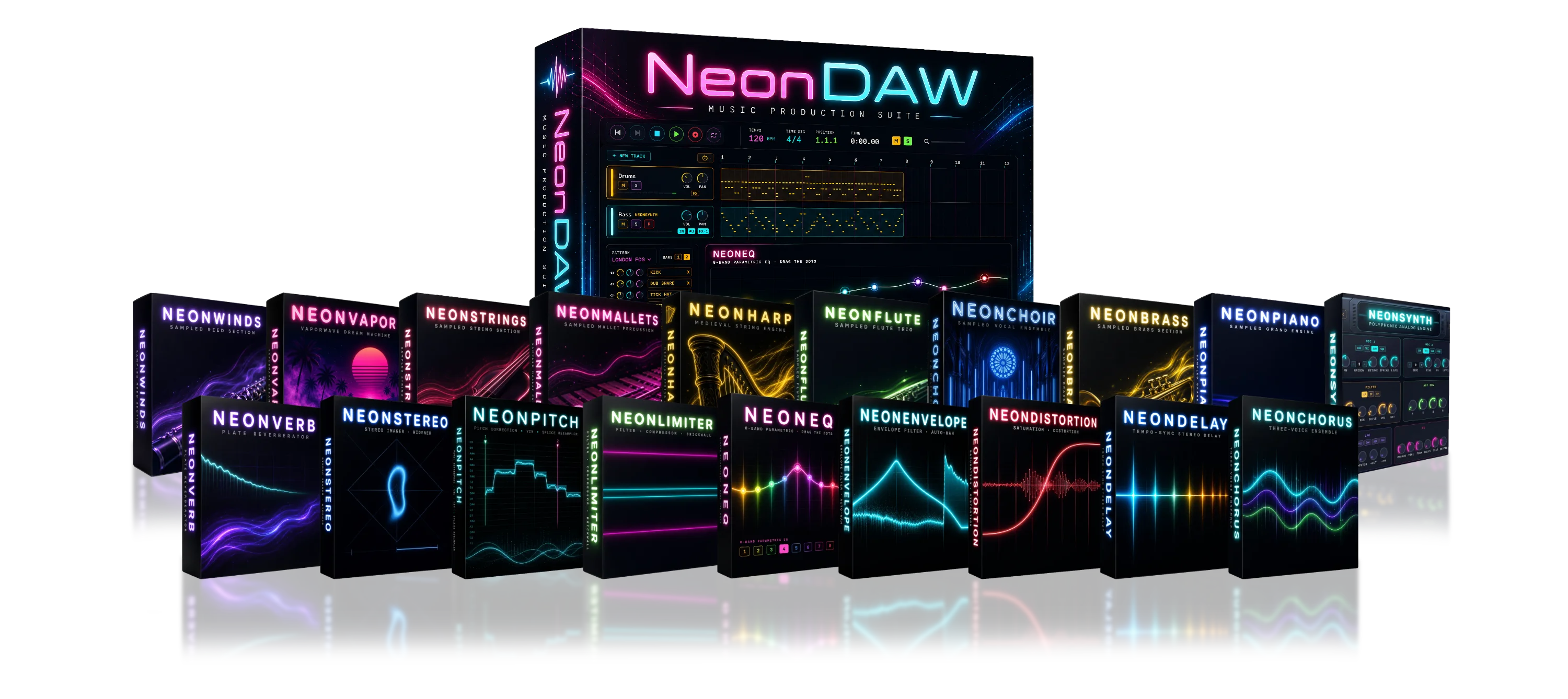 The NeonDAW suite — the DAW plus all ten instrument plugins and nine effect plugins