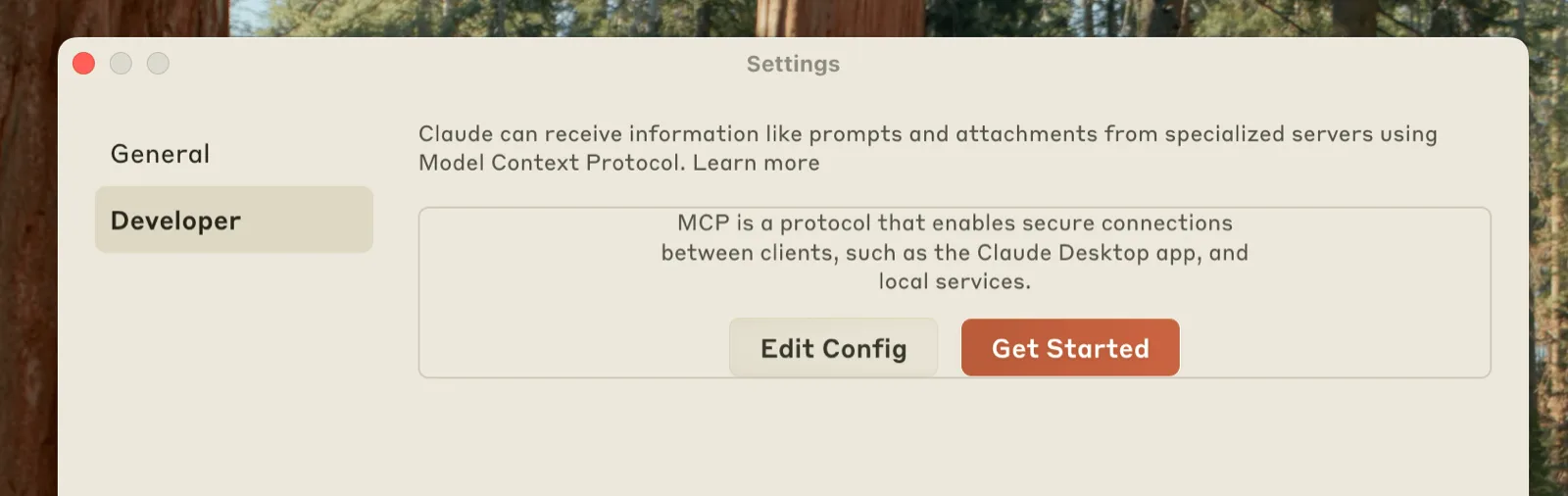 Claude Desktop's Developer settings tab with the Edit Config button