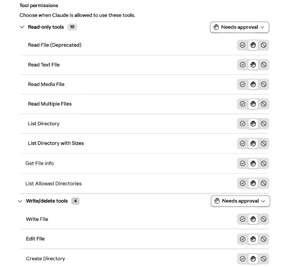Claude Desktop's Connectors panel listing a connected local MCP server's tools