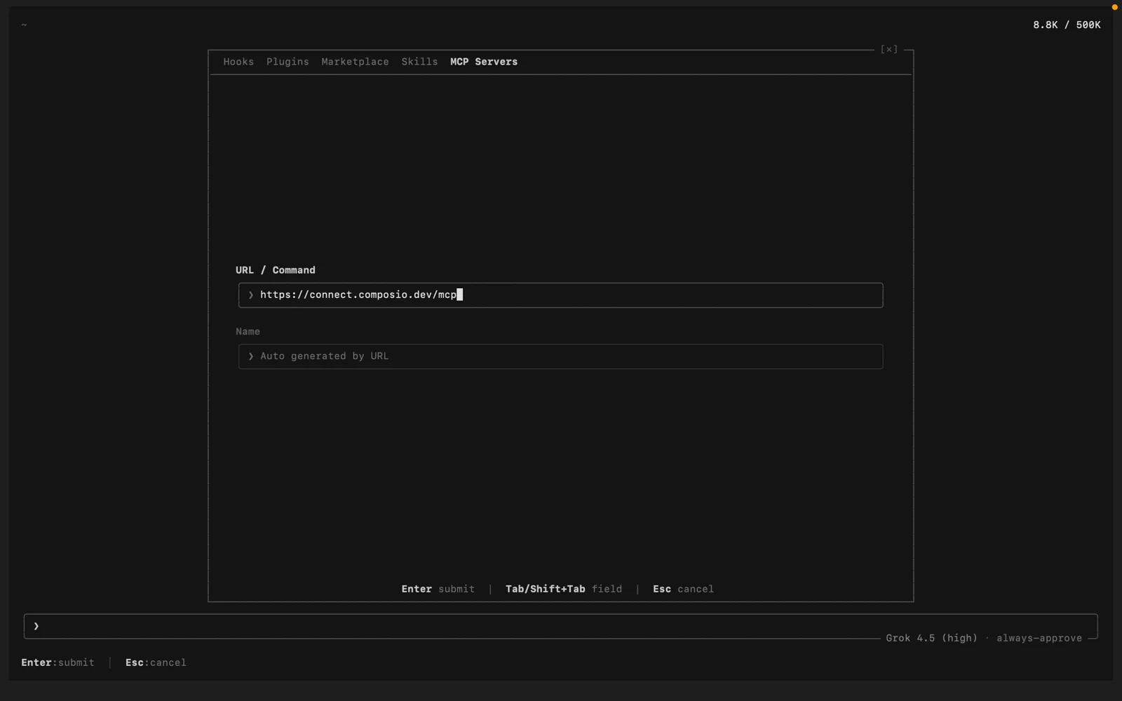 Grok Build's add-server form with the URL / Command field