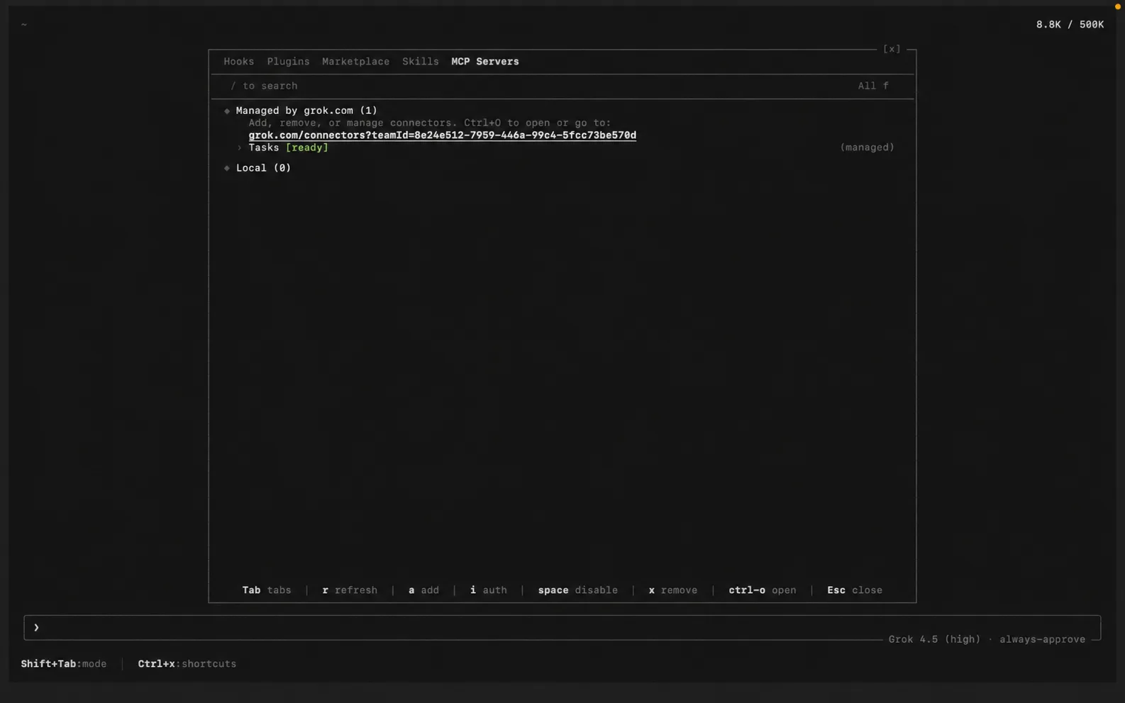 Grok Build's MCP Servers panel showing local servers and their tools