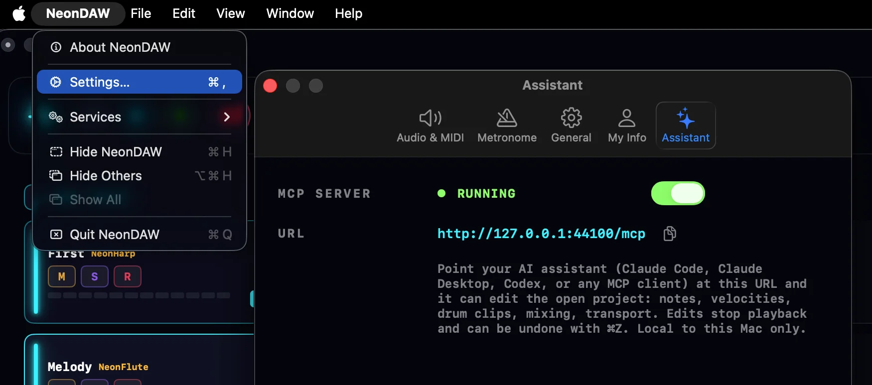 The Assistant pane in NeonDAW's settings, with the MCP server switch and the connection URL