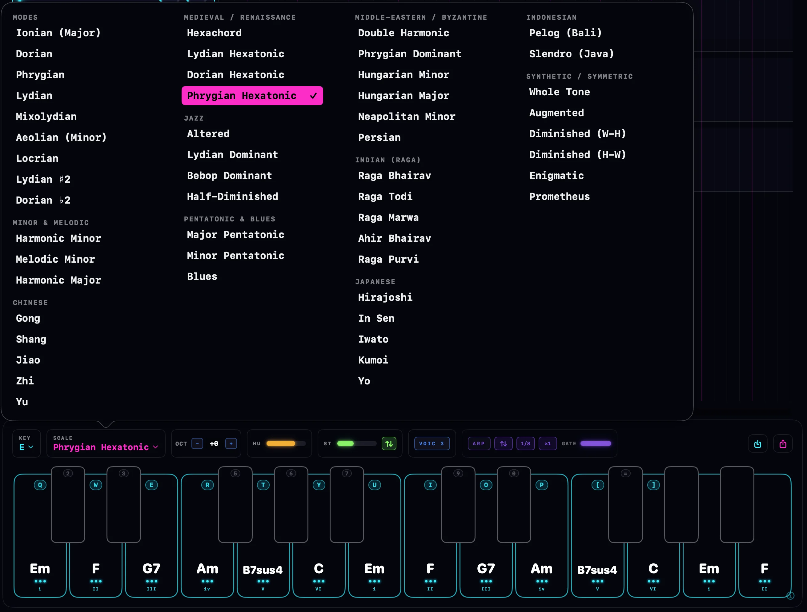 The NeonDAW chord pad — key- and scale-locked diatonic chords with voicing, strum and arp